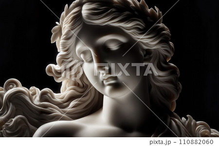 Ancient white marble sculpture head of young woman. Statue of sensual renaissance art era woman antique style 110882060