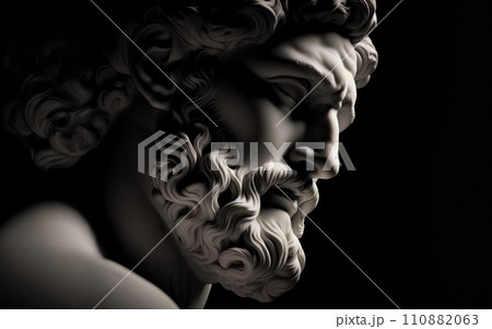 Head and shoulders detail of the ancient man with beard sculpture. Antique face with whiskers statue on black background 110882063