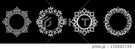 Set of decorative frames Elegant vector element for design in Eastern style, place for text. Floral black and white borders. Lace illustration for invitations and greeting cards. Set of decorative frames Elegant vector element for design in Eastern style, place for text. Floral black and white borders. Lace illustration for invitations and greeting cards. 110882148