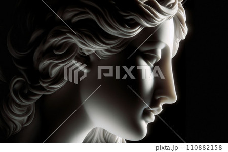 Ancient white marble sculpture head of young woman. Statue of sensual renaissance art era woman antique style 110882158