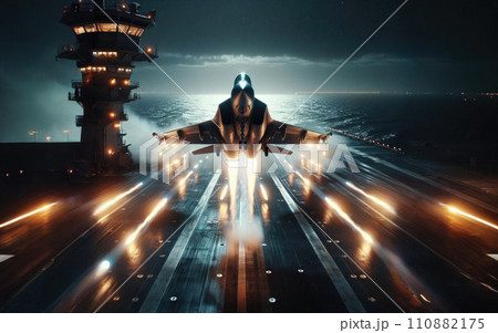 Fighter jet aircraft flying low over in lights at night. Army or military bomber airplane low pass fly by 110882175