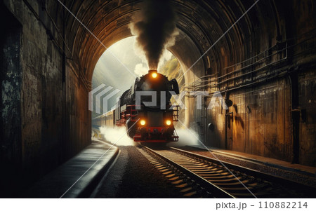 Old steam train pulling into a tunnel belching steam and smoke 110882214