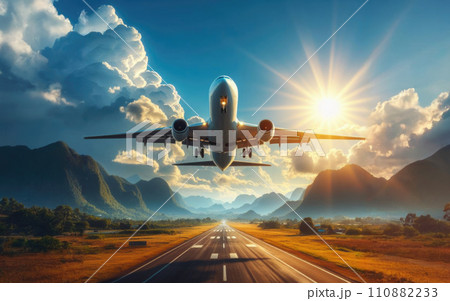 Passenger aircraft takes off from the airport runway. In the background orange sunset sky 110882233