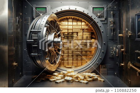 Open bank safe vault door with golden ingots peeking from inside Open bank safe vault door with golden ingots peeking from inside 110882250