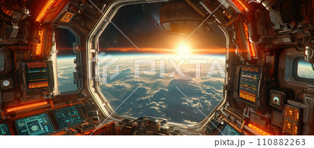 Window view of space and planets from a space station Window view of space and planets from a space station 110882263