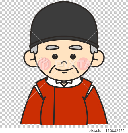 A Shinto priest wearing a vermilion robe and facing forward. 110882422