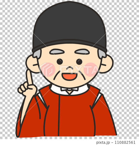 朱色の狩衣を着て指差しポーズをして説明する神官 110882561