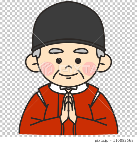Illustration of a priest wearing a vermilion kari robe putting his hands together 110882568