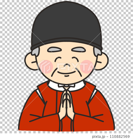 Illustration of a priest wearing a vermilion robe smiling and putting his hands together 110882569