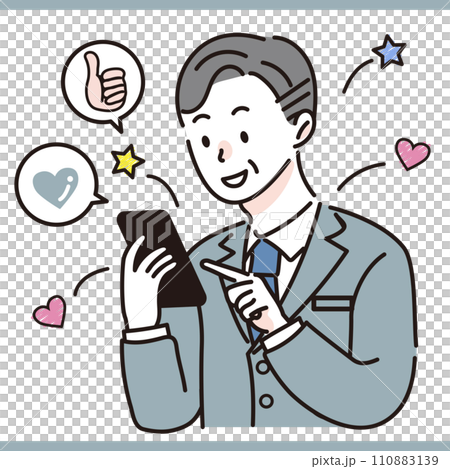 Male office worker enjoying SNS on smartphone Male office worker enjoying SNS on smartphone 110883139