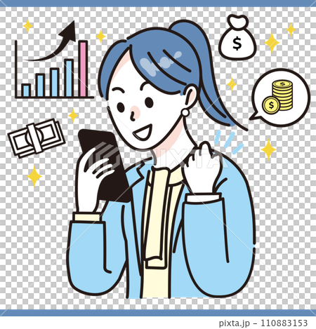 スマホで資産運用をする会社員 女性 OL 110883153