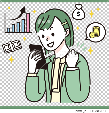 スマホで資産運用をする会社員 女性 OL 110883154