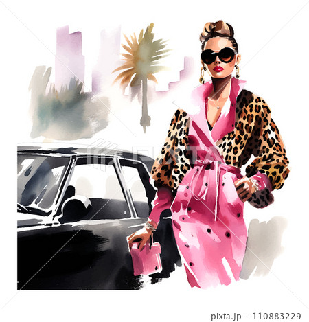 fashion girl in leopard print dress and sunglasses standing next to pink car, art station trends 110883229