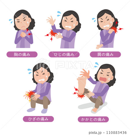 様々な痛みと中年女性のイラストセット 様々な痛みと中年女性のイラストセット 110883436