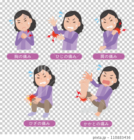 様々な痛みと中年女性のイラストセット 様々な痛みと中年女性のイラストセット 110883436