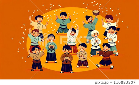 節分で豆まきをするたくさんの子供たち　小学生　子ども 110883507