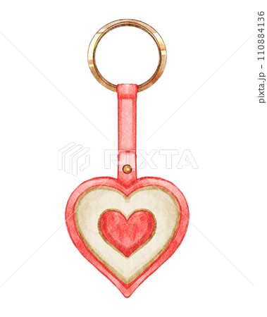 Heart shaped key ring . Valentines day object . Watercolor painting elements . Illustration . 110884136