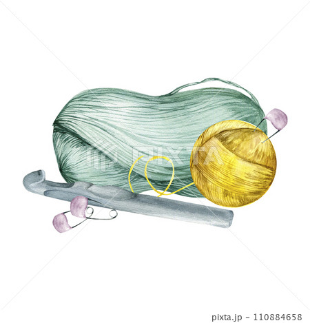 Watercolor hand drawn colorful yarn balls with knitting needles, pins and hook. Green and yellow skein of yarn, violet pins and metal hook for wool shop label,logo, packing design Watercolor hand drawn colorful yarn balls with knitting needles, pins and hook. Green and yellow skein of yarn, violet pins and metal hook for wool shop label,logo, packing design 110884658