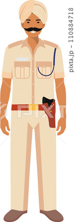 Standing Indian Policeman Officer in Turban and Traditional Uniform Character Icon in Flat Style. Vector Illustration. Standing Indian Policeman Officer in Turban and Traditional Uniform Character Icon in Flat Style. Vector Illustration. 110884718