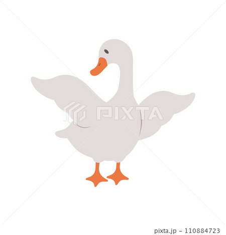 Cute goose. Hand drawn grey duck on farm. Domestic fowl. Vector illustration in flat cartoon style. Agriculture bird. Rural wildlife. Clipart for pattern, greeting card and childish design Cute goose. Hand drawn grey duck on farm. Domestic fowl. Vector illustration in flat cartoon style. Agriculture bird. Rural wildlife. Clipart for pattern, greeting card and childish design 110884723