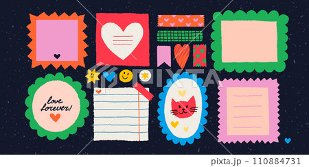 Paper valentine memo notes on stickers. Vector vintage sticky notes and pages with torn edges 110884731