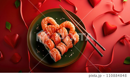 Heart shaped Valentine day sushi set. Classic sushi rolls, philadelphia, maki set for two, with two pairs of chopsticks for Valentine's dating dinne 110884848