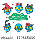 FUNNY SKULLS Smiling On Orange Background With Bows Snake And Flower Scary Colorful Sketch Popular Halloween Holiday Horror Vector Pattern Print Illustration 110885030