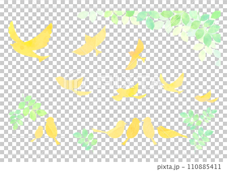 Illustration set of small birds and twigs yellow Illustration set of small birds and twigs yellow 110885411