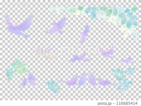 Illustration set of small birds and twigs purple Illustration set of small birds and twigs purple 110885414