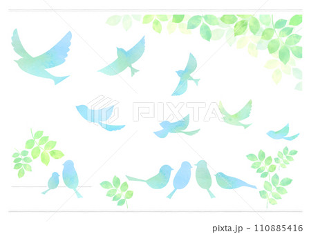 小鳥と小枝のイラストセット 青い鳥 小鳥と小枝のイラストセット 青い鳥 110885416