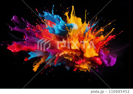 Colorful Paint Splashes on Black Background 110885452