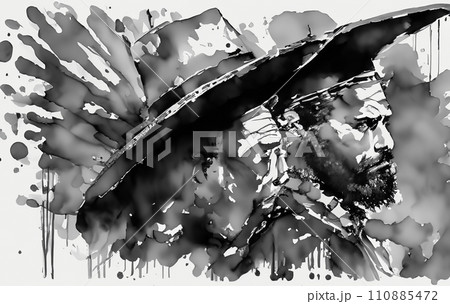 水墨画長の人物画　AI生成画像　墨　男性　原住民　先住民　アフリカ系　人物　モノクロ 110885472