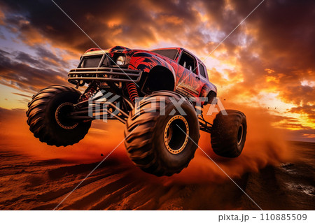 Monster Truck driving off-road outdoors 110885509