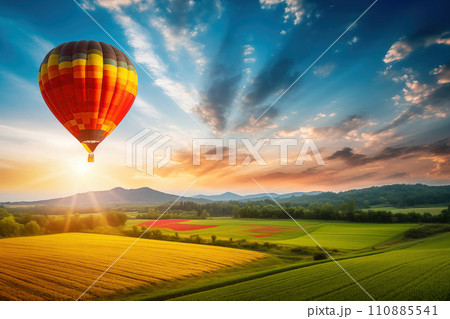 Colorful hot air balloon over blooming field meadow at sunset 110885541