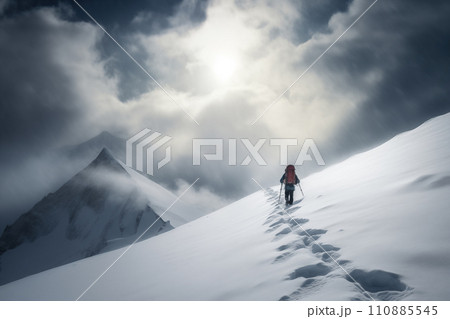 Lone Mountaineer Alpinist Approaching Snowy Peak Lone Mountaineer Alpinist Approaching Snowy Peak 110885545