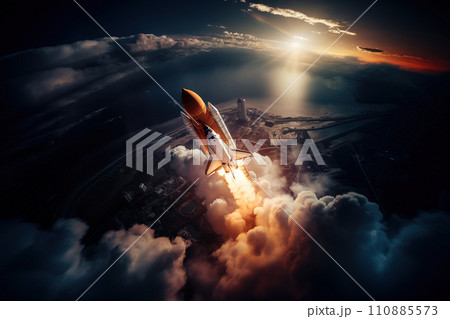 Aerial view of rocket launch at sunrise over ocean coast 110885573