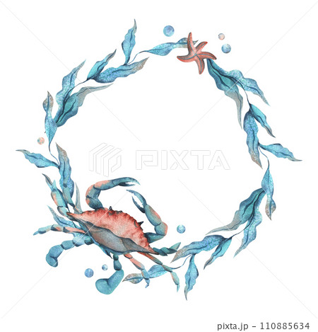 Underwater world clipart with sea animals crab, starfish and algae. Hand drawn watercolor illustration. Circle wreath, frame isolated from the background. Underwater world clipart with sea animals crab, starfish and algae. Hand drawn watercolor illustration. Circle wreath, frame isolated from the background. 110885634