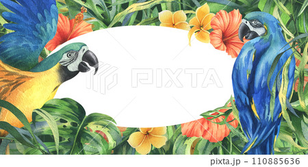 Tropical palm leaves, monstera and flowers of plumeria, hibiscus, bright juicy with blue-yellow macaw parrot. Hand drawn watercolor botanical illustration. Template frame isolated from the background 110885636