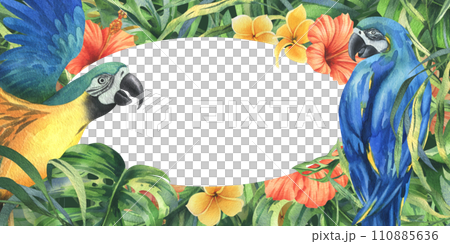 Tropical palm leaves, monstera and flowers of plumeria, hibiscus, bright juicy with blue-yellow macaw parrot. Hand drawn watercolor botanical illustration. Template frame isolated from the background 110885636