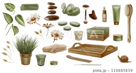 Watercolor set: wooden tray, tube of cream, jar of cream, glass bottle with pipette, fluffy headband, aroma stick with wooden stand, wicker basket, candles, massage stones, facial massage roller. Watercolor set: wooden tray, tube of cream, jar of cream, glass bottle with pipette, fluffy headband, aroma stick with wooden stand, wicker basket, candles, massage stones, facial massage roller. 110885639