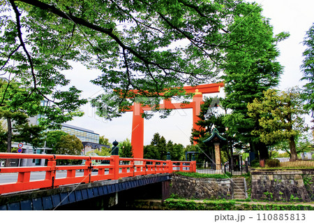 【京都】春の平安神宮 雨の中の大鳥居と慶流橋 【京都】春の平安神宮 雨の中の大鳥居と慶流橋 110885813