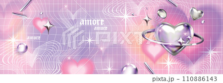 Y2k blur gradient heart background, futuristic vector love poster, trendy chrome 3D shapes grid.  110886143