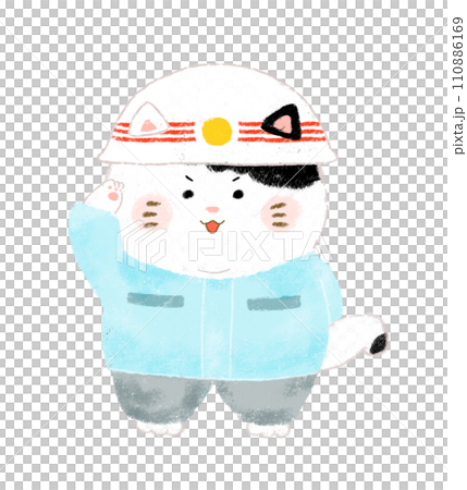 Illustration of a saluting emergency worker cat, crayon touch Illustration of a saluting emergency worker cat, crayon touch 110886169