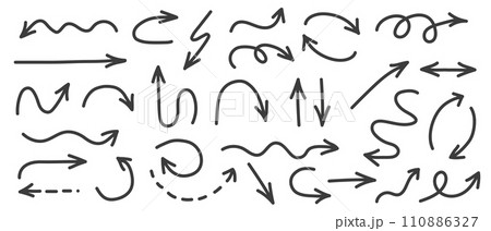 Collection hand drawn arrows. Set simple arrows isolated on white background. Arrow mark icons. 110886327