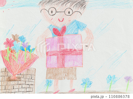 子どもが描いた父の似顔絵 110886378