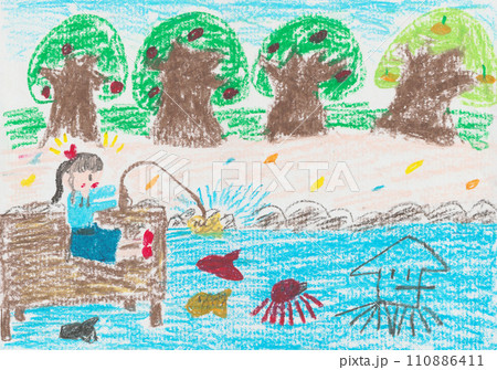 子供が描いた魚釣りの絵 110886411