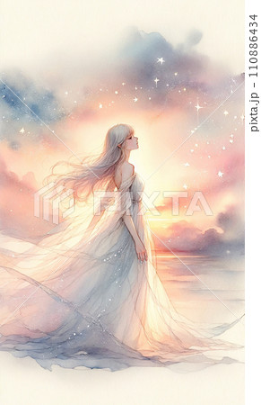 夜明けの空に願いを捧げる少女 (AI生成、AI画像) 110886434