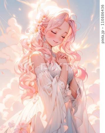 朝陽に祈りを捧げる少女 (AI生成、AI画像) 110886436