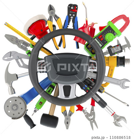 Auto service and repair concept. Steering wheel with tools. 3D rendering Auto service and repair concept. Steering wheel with tools. 3D rendering 110886518