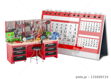 Desk calendar with Maintenance Work Table full of construction tools. Planning of Maintenance and Repair Work concept, 3D rendering 110886519